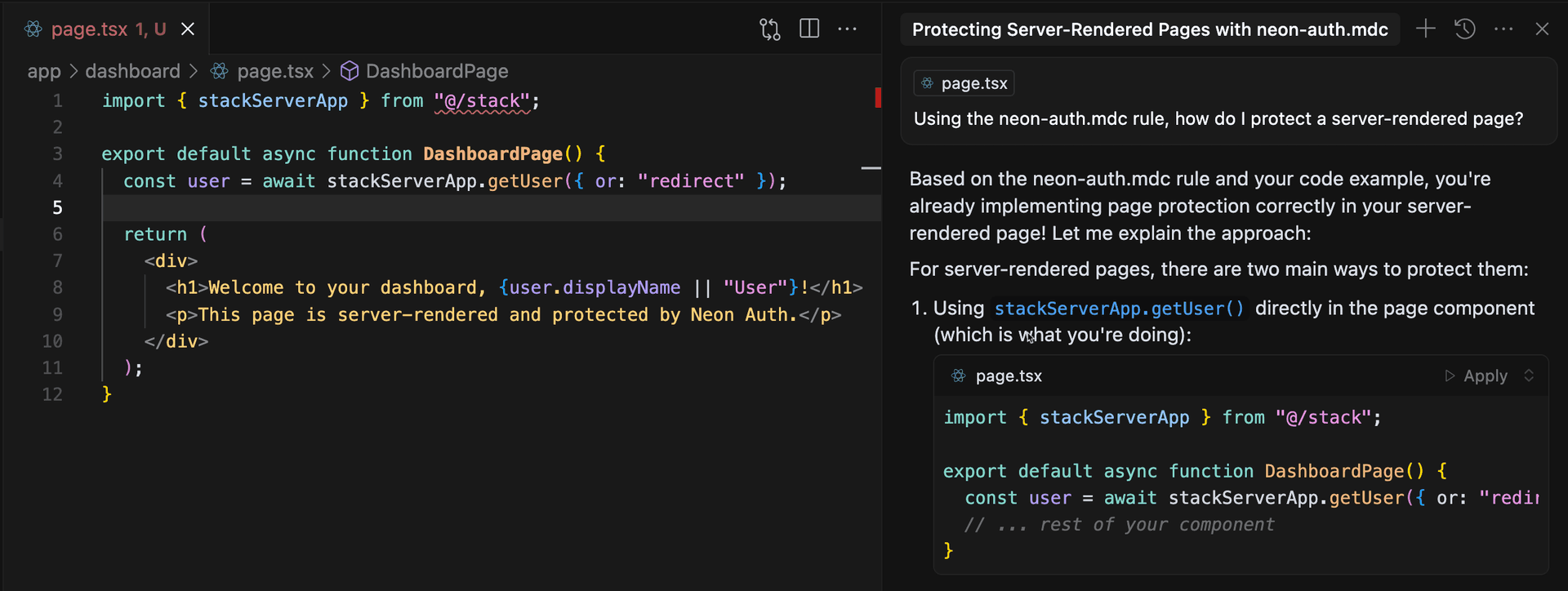 Screenshot of Cursor applying the neon-auth.mdc rule