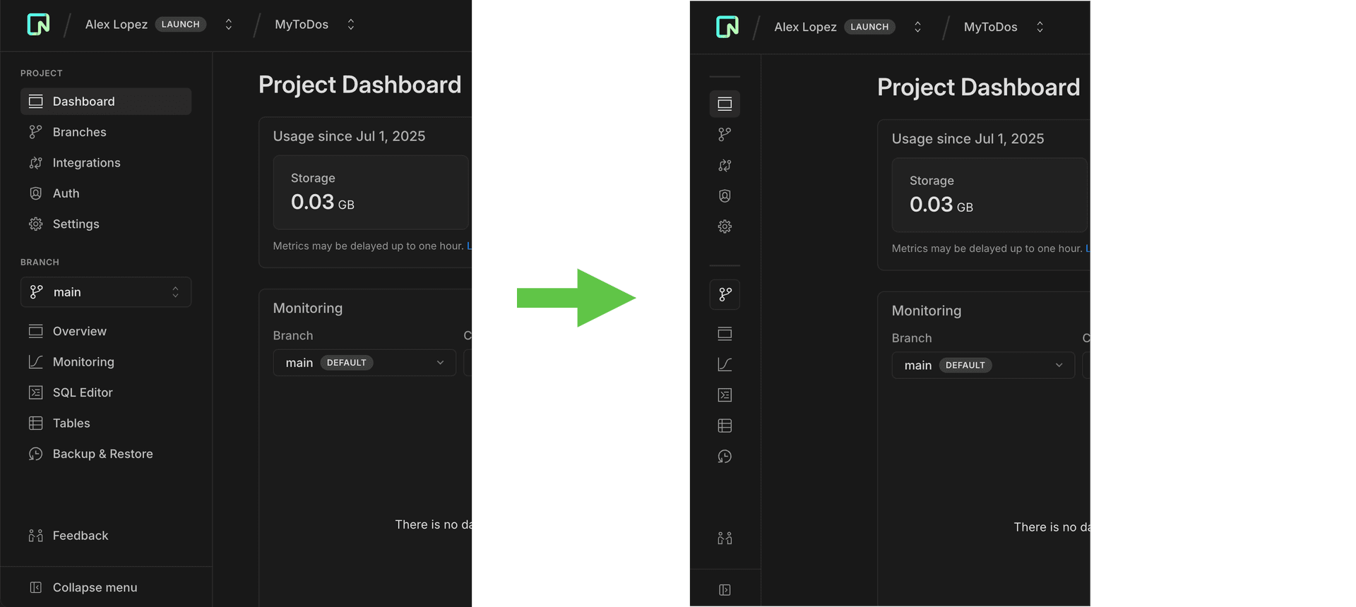 Screenshot of collapsible Neon Console sidebar