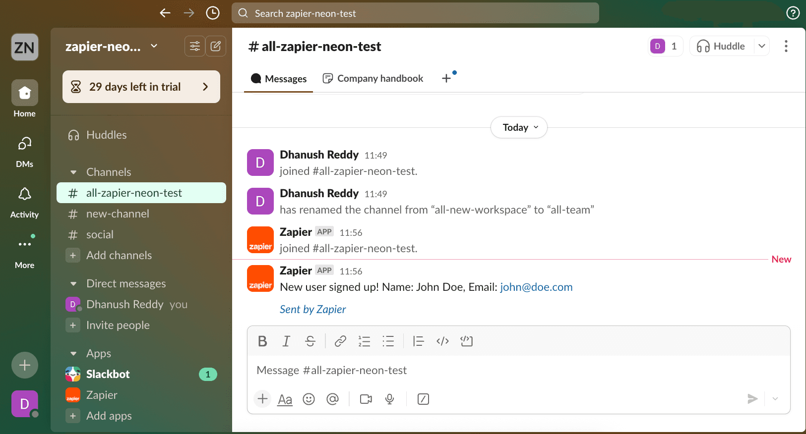 Zapier message test in Slack